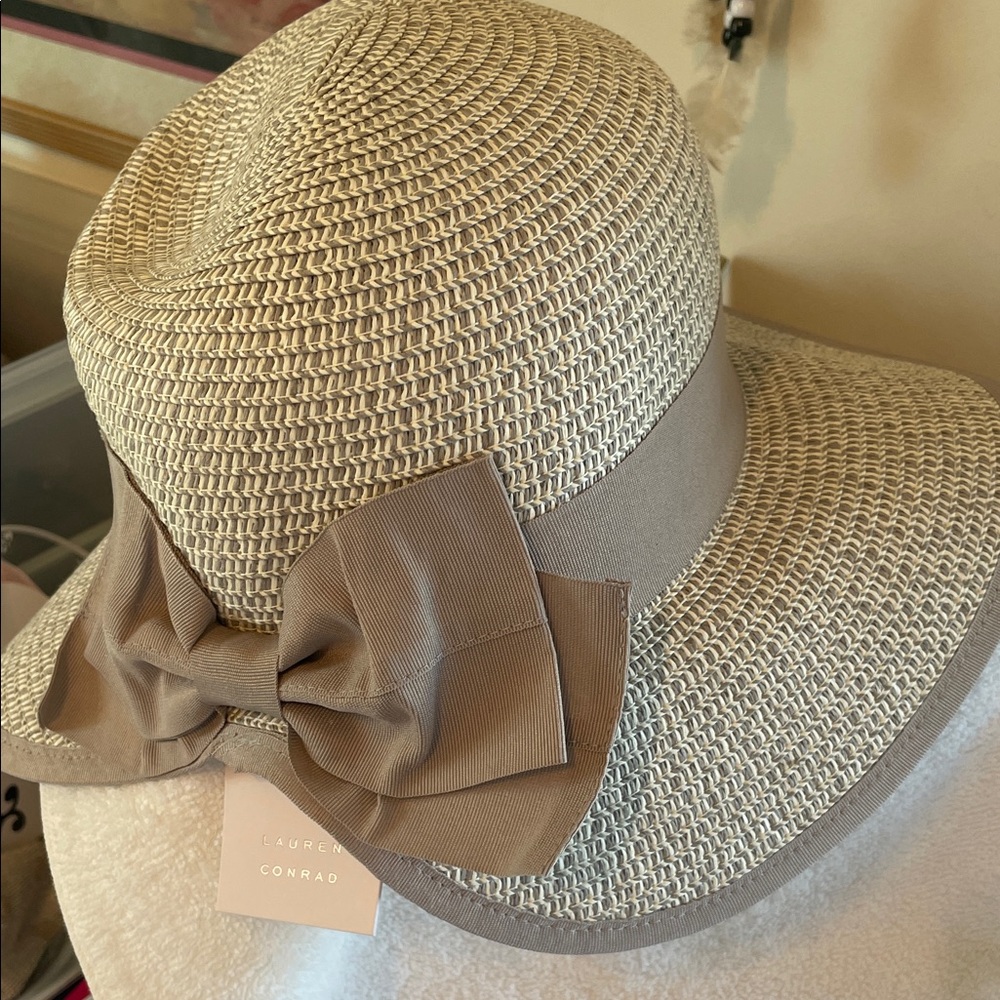 LC Lauren Conrad Taupe Woven Hat with Ribbon Bow